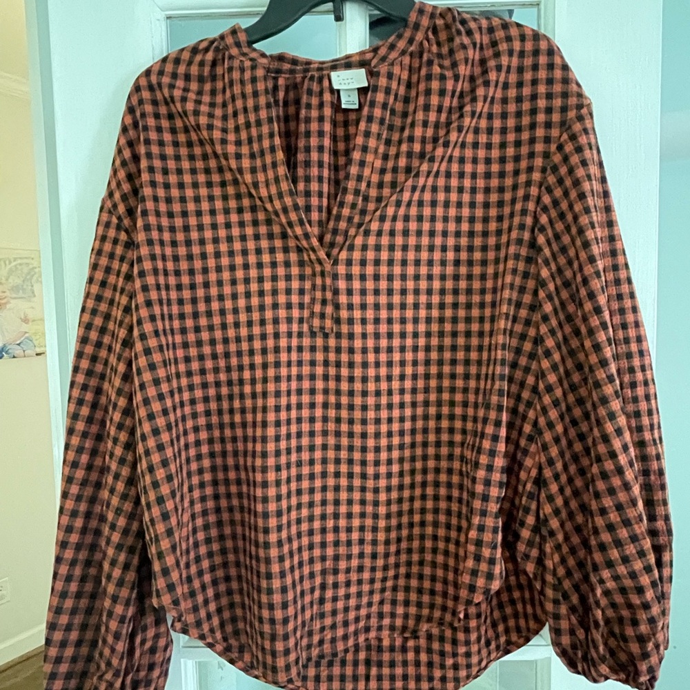 A New Day orange blouse checkered black